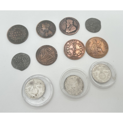 11 - A collection of antique, vintage and reproduction coins. To include a prince of Glamorgan half penny... 