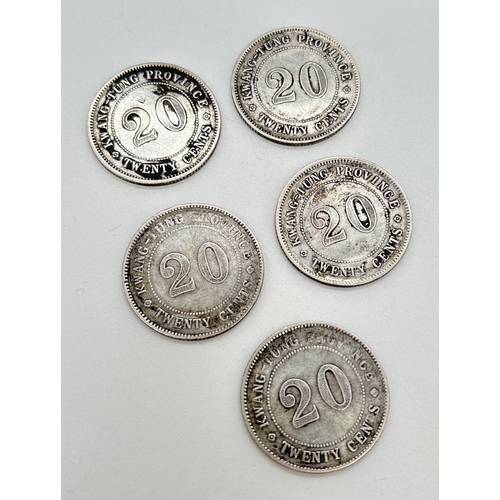 12 - 5 assorted Chinese .500 silver Kwang-Tung Province 20 cents coins. 1 x 1919 (Year 8) and 4 x 1920 (Y... 