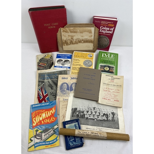 113 - A box of assorted vintage ephemera and books to include local Norfolk interest, photographs, empty p... 