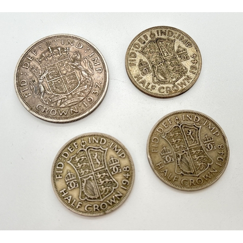 24 - A .500 silver 1937 George VI coronation crown together with 3 George VI half crowns - 1944 & 1948.