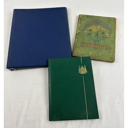 63 - A blue stamp collection album together with 2 small vintage stamp albums, all containing British and... 