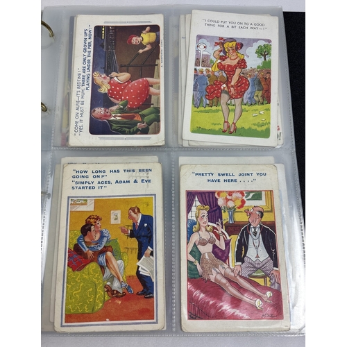 256 - An album of 90+ assorted vintage humorous/saucy postcards to include Comicard, Constance, Bamforth's... 