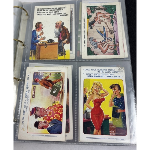 256 - An album of 90+ assorted vintage humorous/saucy postcards to include Comicard, Constance, Bamforth's... 