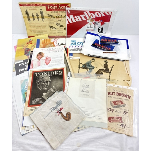 178 - A box of assorted vintage cigarette advertising and ephemera. To include posters, bags and pages fro... 