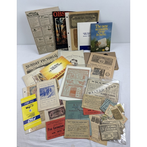 186 - A collection of assorted antique & vintage ephemera to include early 20th century grocery coupons, l... 