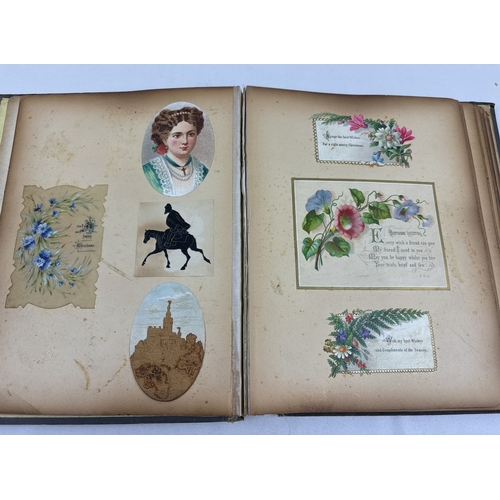 187 - A late Victorian scrap album with embossed floral and gilt detail to front cover, dated 1881. Contai... 