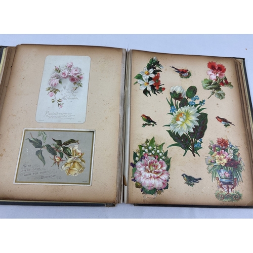 187 - A late Victorian scrap album with embossed floral and gilt detail to front cover, dated 1881. Contai... 