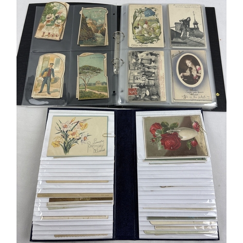 191 - 2 albums containing 180+ assorted Edwardian and vintage greetings cards, in varying sizes and design... 