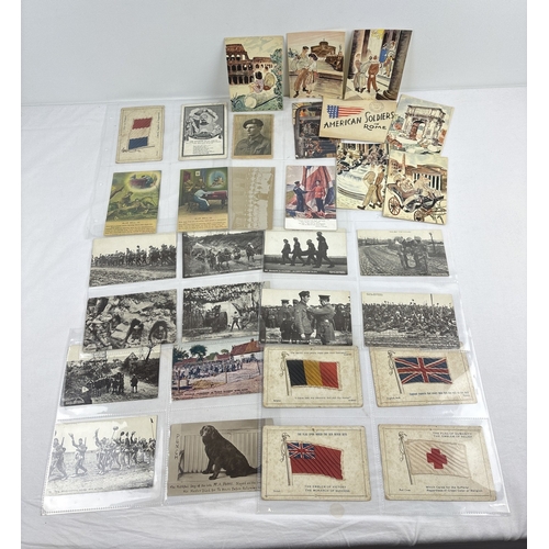 262 - A collection of 30 assorted early 20th century military related postcards, in clear plastic display ... 