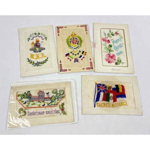 265 - 5 assorted early 20th century embroidered silk sweetheart postcards, to include military interest.