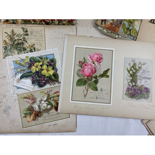 208 - A collection of assorted Victorian scrap book loose pages containing assorted scraps & greetings car... 