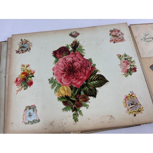 209 - A Victorian scrap album with leather bound spine and corners (some damage) containing assorted plait... 