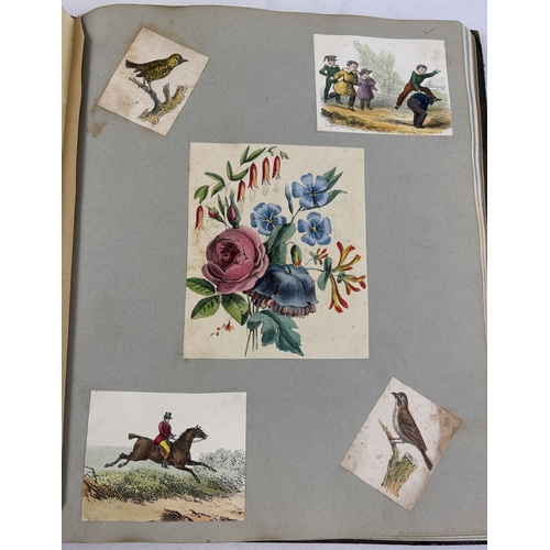 212 - A Victorian scrap book, cover missing, containing assorted artwork, etchings and scraps.