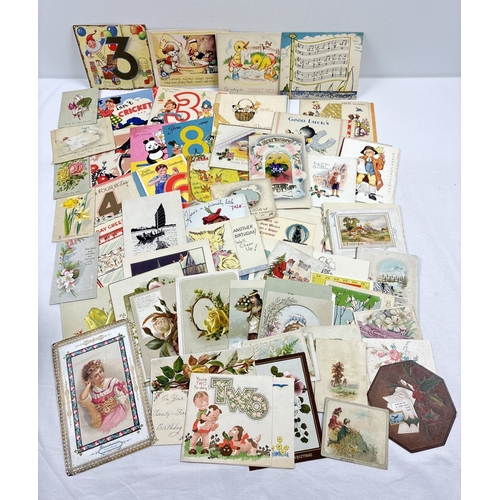 230 - A box of 140 assorted early 20th century greetings cards in varying sizes, styles and designs.