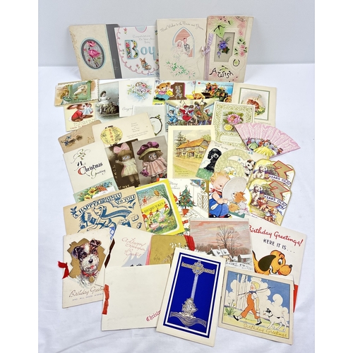 230 - A box of 140 assorted early 20th century greetings cards in varying sizes, styles and designs.