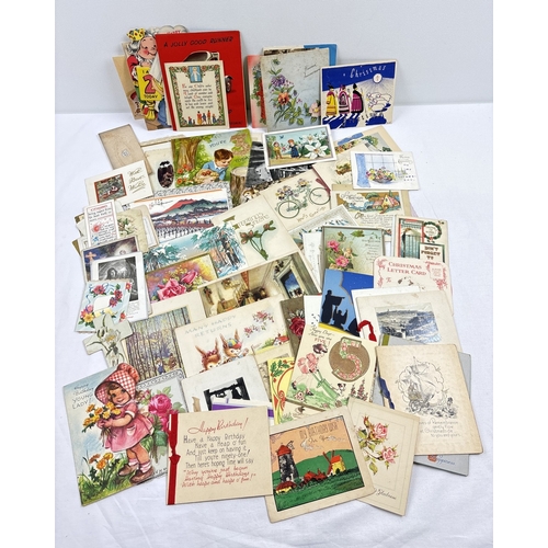 234 - A box containing 144 assorted early to mid 20th century greetings cards, in varying styles and sizes... 