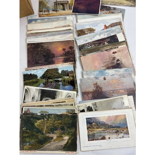 241 - 400 assorted black & white and coloured vintage British postcards to include RP's. In a brown card l... 