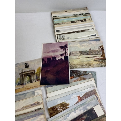 241 - 400 assorted black & white and coloured vintage British postcards to include RP's. In a brown card l... 