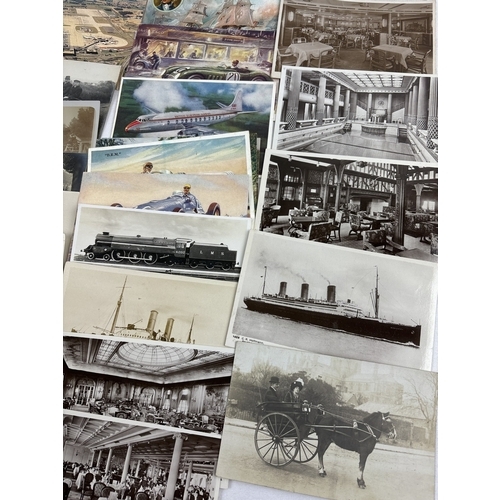 267 - 50+ assorted vintage postcards relating to vehicles and transport. To include photographic cards of ... 