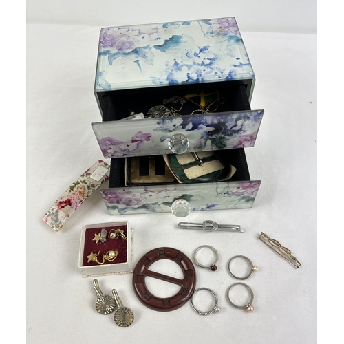 1102 - A small 2 drawer glass jewellery box with a small collection of costume jewellery and buckles. To in... 