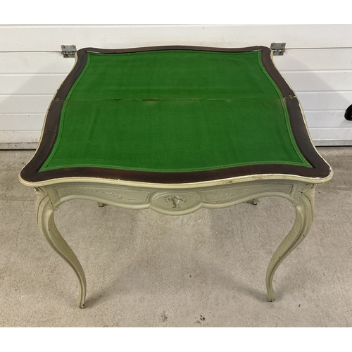 1482 - An antique mahogany folding card/gaming table with cabriole style legs, painted green. With pull-out... 