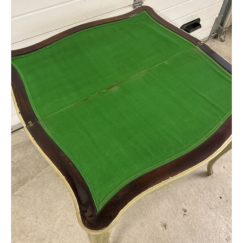 1482 - An antique mahogany folding card/gaming table with cabriole style legs, painted green. With pull-out... 