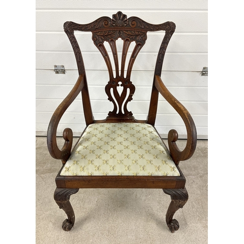 1484 - A Georgian mahogany & walnut Chippendale style dining chair with green satin upholstered seat. Decor... 