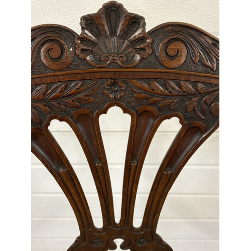 1484 - A Georgian mahogany & walnut Chippendale style dining chair with green satin upholstered seat. Decor... 