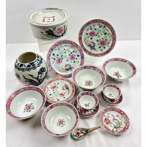 1296 - A collection of oriental ceramics. A large circular pot pourri dish with floral decoration, a blue a...