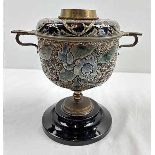 1252 - An antique Hinks & Son Doulton Lambeth oil lamp base by artist Edith D Lupton. Floral detail to both... 