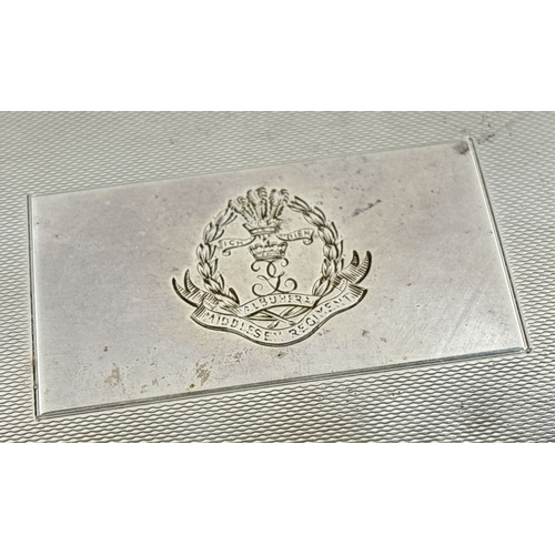 1158 - A vintage hallmarked silver military interest cigarette box with engraved Middlesex Regiment insigni... 