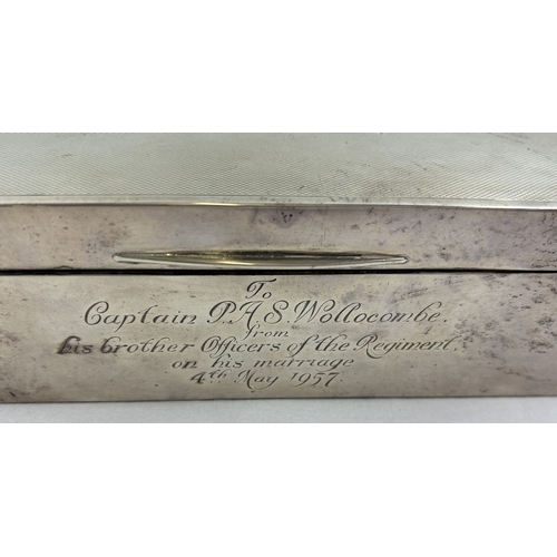 1158 - A vintage hallmarked silver military interest cigarette box with engraved Middlesex Regiment insigni... 