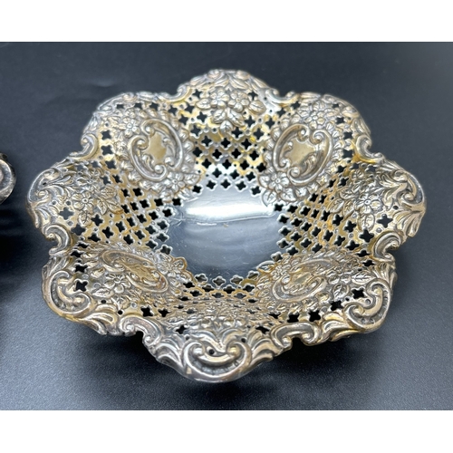 1164 - A pair of James Dixon & Sons Victorian silver bon bon dishes of pierced work design and with scroll ... 