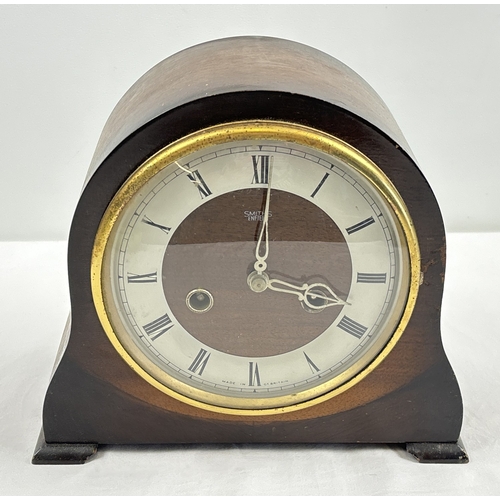 1233 - A vintage dark wood cased Smiths, Enfield chiming mantle clock, with key and pendulum - not working.... 