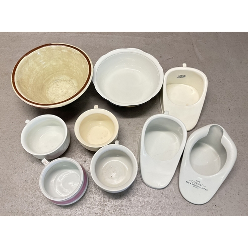 1250 - 3 vintage ceramic slipper bed pans together with 4 chamber pots, a wash basin with oriental decorati... 