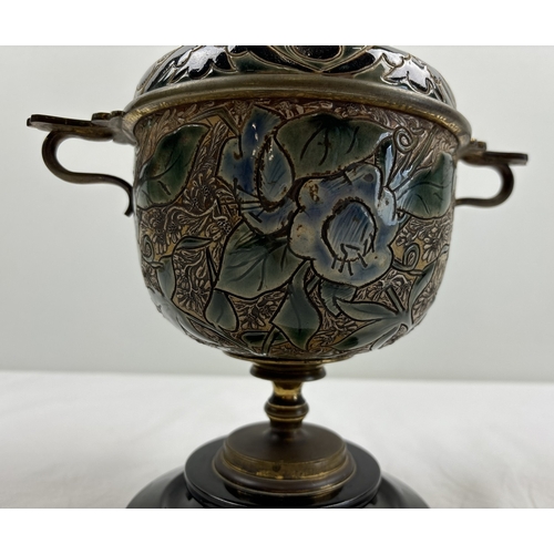 1252 - An antique Hinks & Son Doulton Lambeth oil lamp base by artist Edith D Lupton. Floral detail to both... 