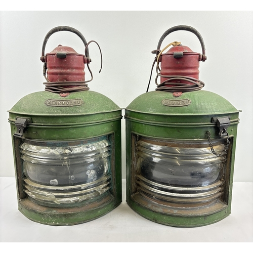 1313 - A very large pair of vintage ships Port & Starboard lanterns, painted green & red - have been conver... 