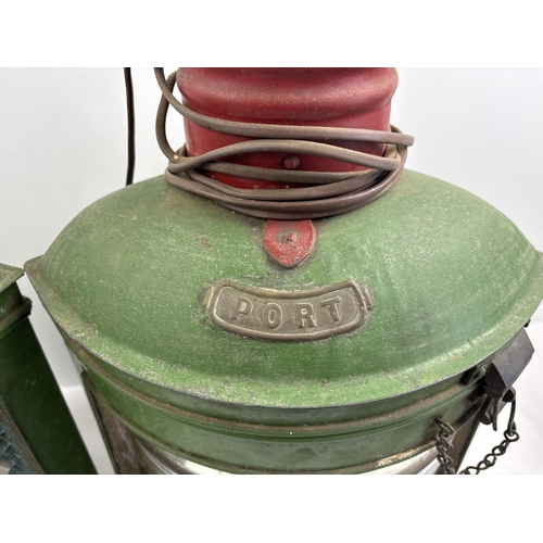 1313 - A very large pair of vintage ships Port & Starboard lanterns, painted green & red - have been conver... 