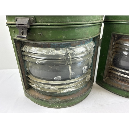 1313 - A very large pair of vintage ships Port & Starboard lanterns, painted green & red - have been conver... 