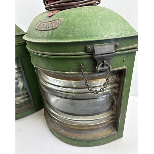 1313 - A very large pair of vintage ships Port & Starboard lanterns, painted green & red - have been conver... 