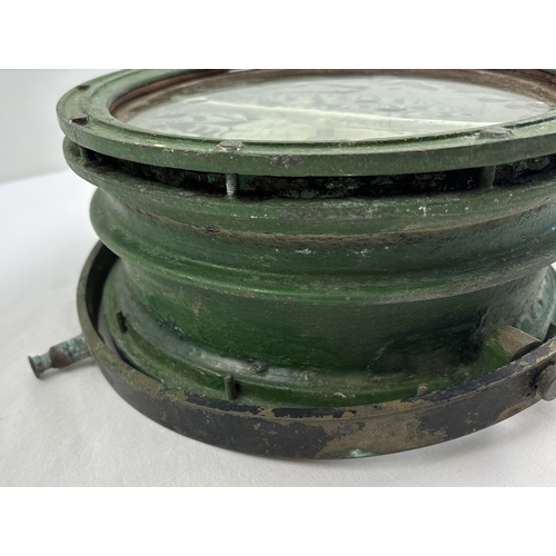 1316 - A large vintage ships Fleetwood binnacle gimbal compass, with painted green housing. Approx. 13cm ta... 