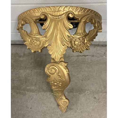 1385 - A vintage baroque style gold coloured metal and resin wall shelf (top missing). Semi circular shape ... 