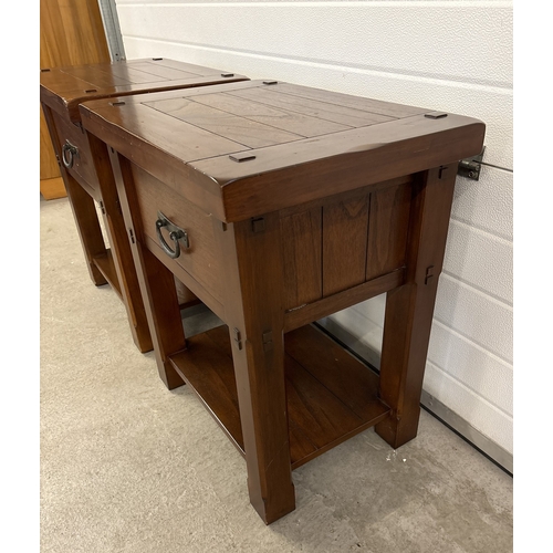 1461 - A pair of heavy solid mango wood 'Zocalo' side/lamp tables with central drawer and undershelf. Large... 