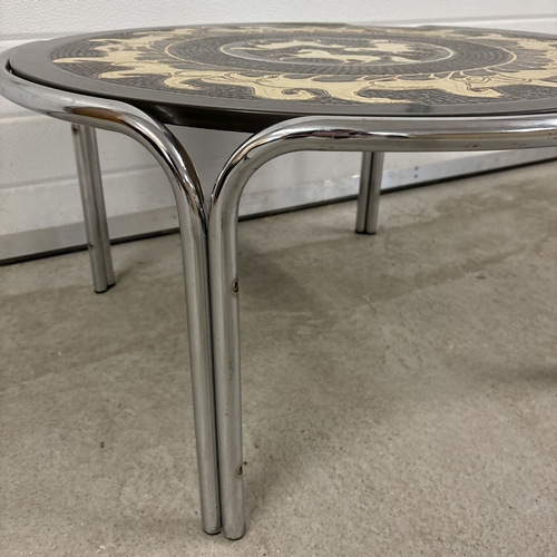 1477 - A retro mid century circular shaped coffee table with chrome legs and a resin covered hardboard top ... 