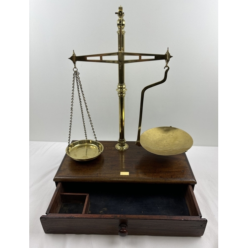 1195 - A large set of Victorian brass Avery Ltd travelling apothecary scales with mahogany case. With brass... 