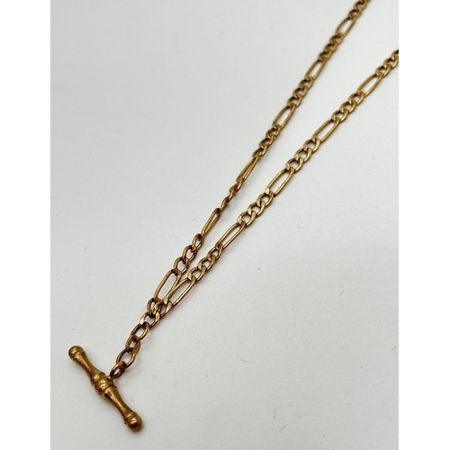 1077 - A 9ct gold Figaro Albert chain necklace with T bar. Chain length 18 inches, overall length 20 inches... 