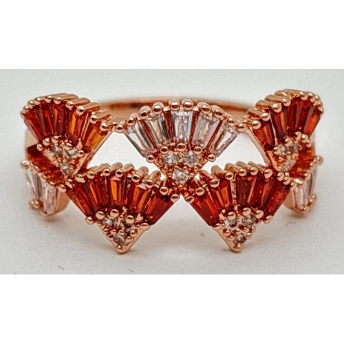 1096 - A rose gold plated Art Deco style fan design cocktail ring set with Swarovski crystals. Orange and c... 