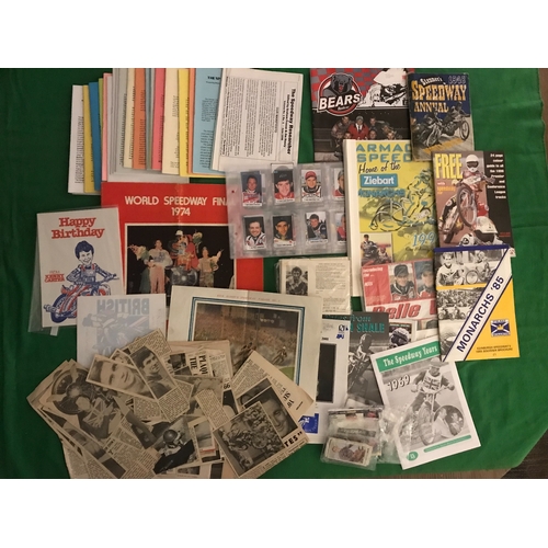 1531 - A box of assorted speedway items to include a signed Kenny Carter birthday card, Speedway Researcher... 