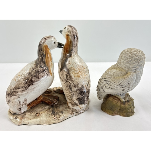 1238 - 2 ceramic bird figures. A pair of studio pottery ducks in brown colour way and a snowy owl figure. L... 