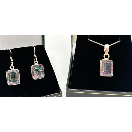 1118 - A silver & mystic topaz pendant necklace and matching drop earrings. Square cut stones to all. Penda... 